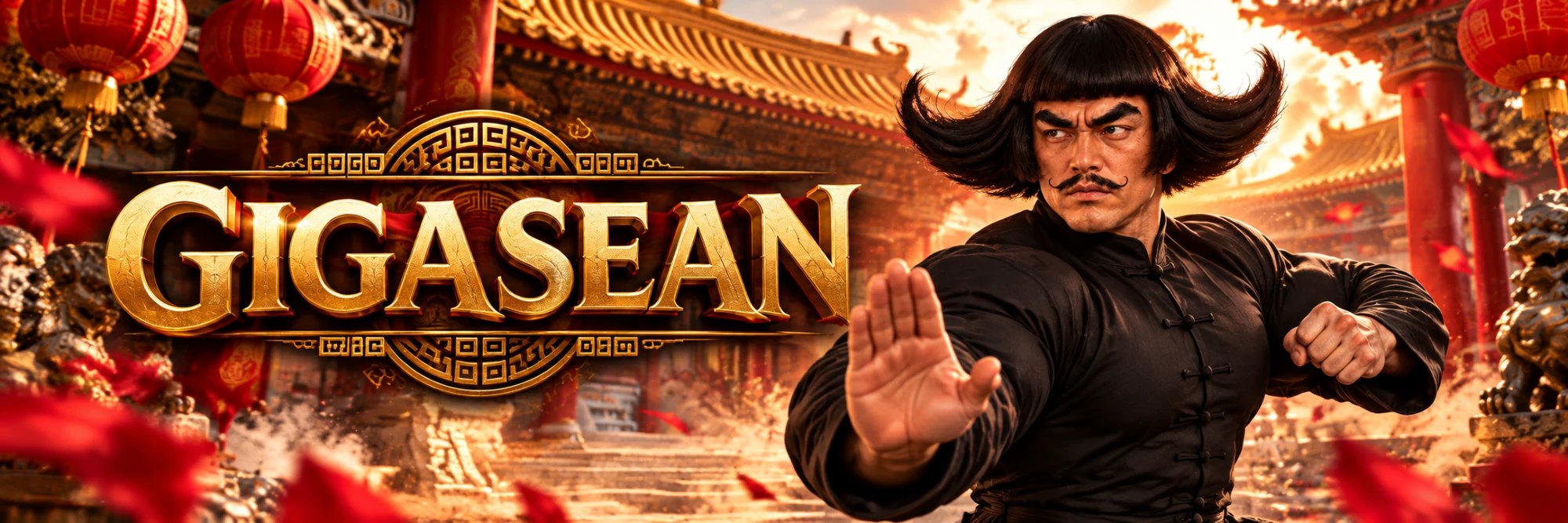 GIGASEAN in gold letters in front of a red and gold temple, with Giga Sean in a black kung fu suit striking a palm pose