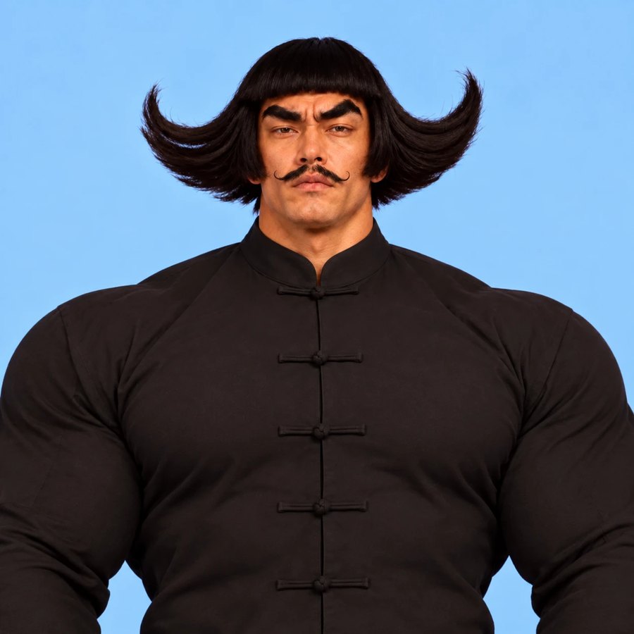 Giga Sean facing the camera: wide winged hair, curled mustache, enormous shoulders in a black buttoned jacket, on a sky-blue background