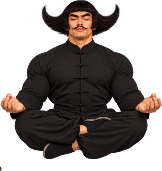 Giga Sean floating cross-legged, eyes closed, meditating